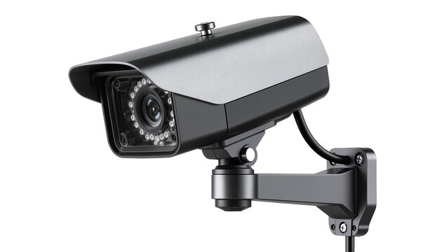 Modern surveillance security camera with infrared LEDs, isolated on transparent background