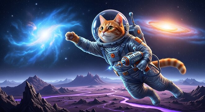Ginger cat astronaut floating in outer space above a purple planet