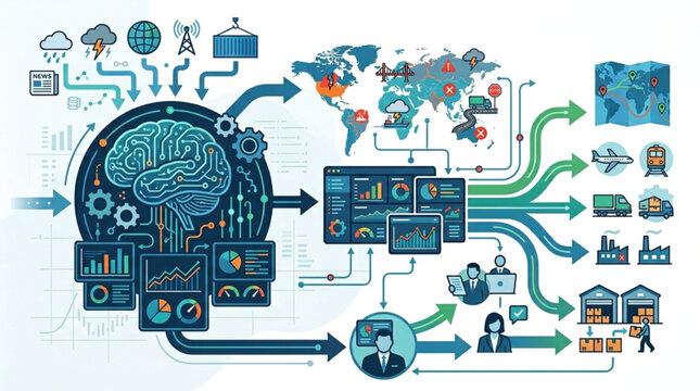 Artificial intelligence network processing global logistics and data.