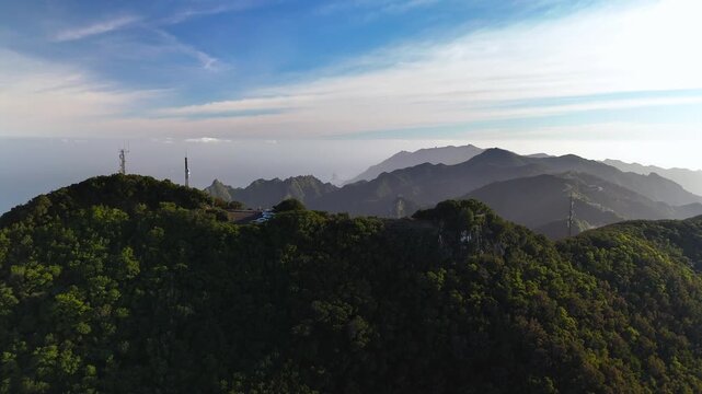 Aerial view of Pico del Ingles viewpoint and misty forest, Anaga, Tenerife