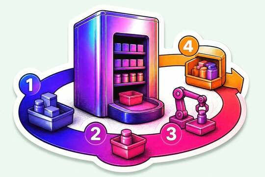 Colorful isometric supply chain workflow diagram with numbered steps boxes shelves and robotic automation process