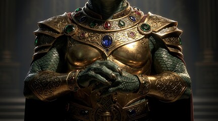 Fototapeta premium Mysterious fantasy warrior in ornate golden armor with precious gemstones.