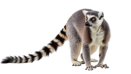 Fototapeta premium Ring-tailed lemur with striped tail, isolated on transparent background