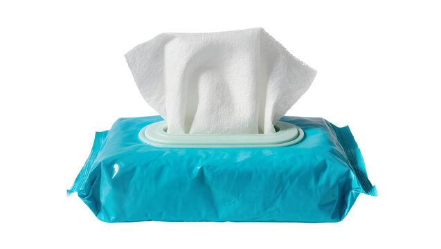 Blue wet wipes package with white textured sheets, isolated on transparent background