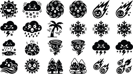 Cute extreme weather and natural disaster cartoon icons set. Kawaii weather vector emoticons with sun, storm, tornado, meteor, snowflake, and drought. © mdnoor