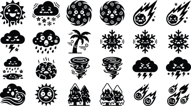 Cute extreme weather and natural disaster cartoon icons set. Kawaii weather vector emoticons with sun, storm, tornado, meteor, snowflake, and drought.