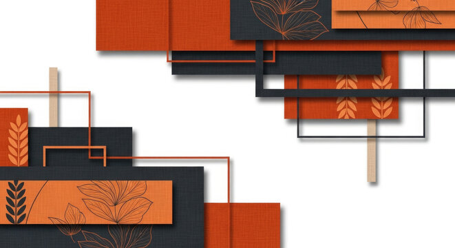 Modern abstract composition with overlapping orange textured panels and dark gray frames featuring delicate floral line art leaves for elegant professional b