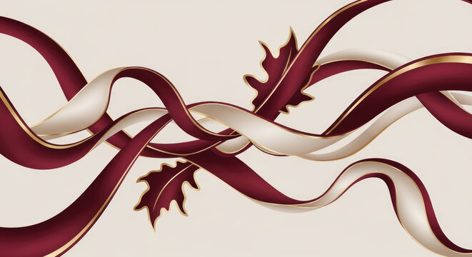 Abstract maroon and cream ribbons flow gracefully across a light background with elegant gold trim and stylized autumn leaf accents creating a sophisticated design for festive seasonal decorations.