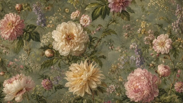 Vintage floral pattern illustration featuring pink and white peonies. This high quality classical artwork is perfect for luxury wallpaper, fabric prints, and wedding invitation designs.