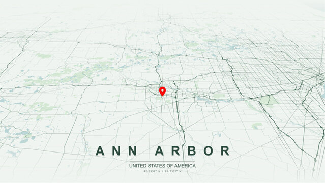 Modern minimalist vector map of Ann Arbor, Michigan, USA. High-quality scalable illustration of Ann Arbor city grid, Huron River waterfront, Interstate 94 and US-23 highway networks for posters design