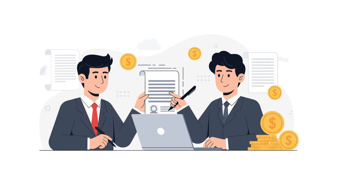 Businessmen signing contract and counting money, symbolizing partnership, finance, and agreement