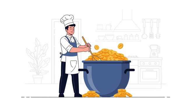 Chef Stirring Pot Full of Gold Coins in Kitchen - Financial Success and Wealth Creation Concept