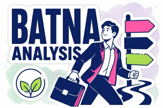BATNA analysis business illustration with walking businessman briefcase signpost and eco icon for negotiation strategy concept