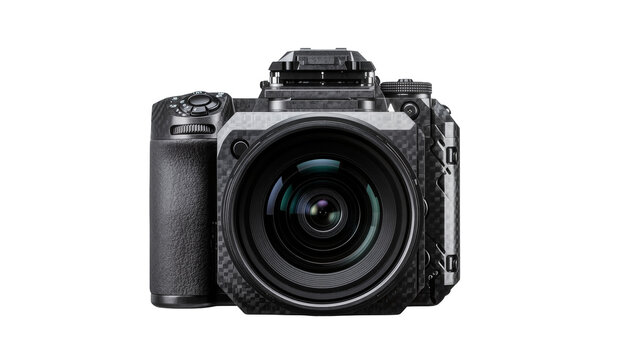 Carbon fiber camera with lens, isolated on transparent background