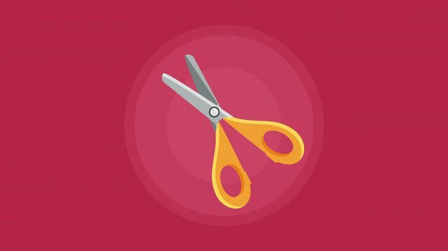 Yellow scissors icon opening and closing repeatedly over a pink background with concentric circle shapes.