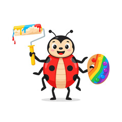 Fototapeta premium Cute Ladybug Artist Painting with Roller and Color Palette