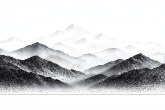Traditional sumi e style ink wash painting of misty mountains. This zen oriental landscape is perfect for wellness retreats meditation guides and asian culture presentations