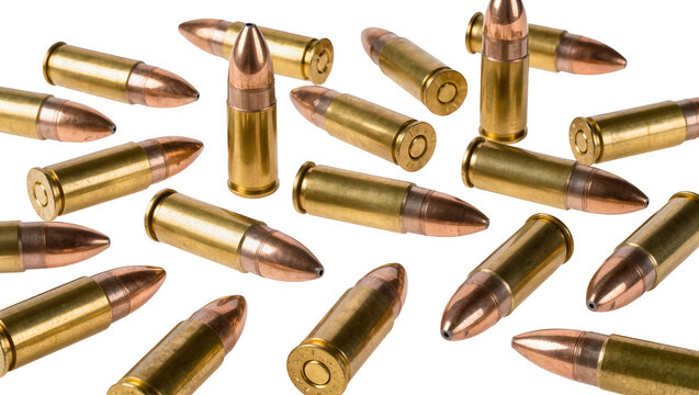 Scattered brass and copper bullets, isolated on transparent background