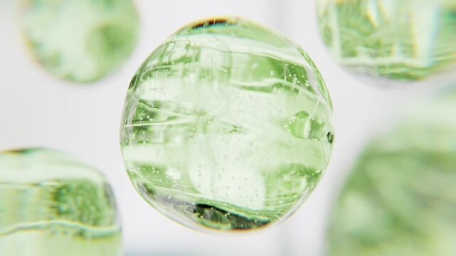 Cosmetics green serum liquid bubbles 3d abstract background. Cosmetic moisturizer essence gel. Collagen fluid bubble molecule. Moisturizing cream or oil. Personal health care and beauty skin concept