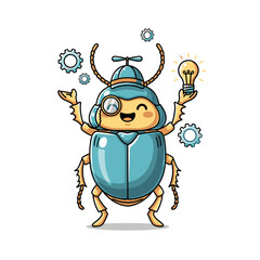 Naklejka premium Cute mechanical beetle character holding a light bulb with gears