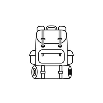 Large hiking backpack with bedroll icon line art vector