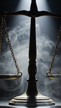 Scales of justice balanced on wooden post with dramatic smoke background symbolizing law and fairness