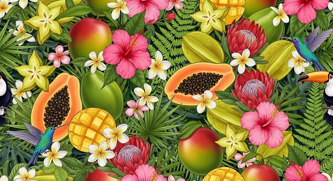 Tropical seamless pattern with exotic fruits flowers and birds