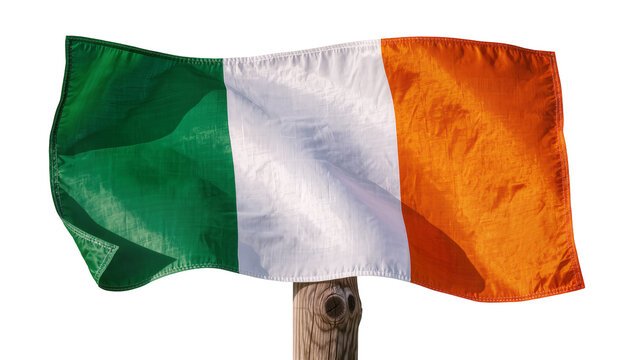 Waving Irish tricolor flag attached to wooden pole, isolated on transparent background