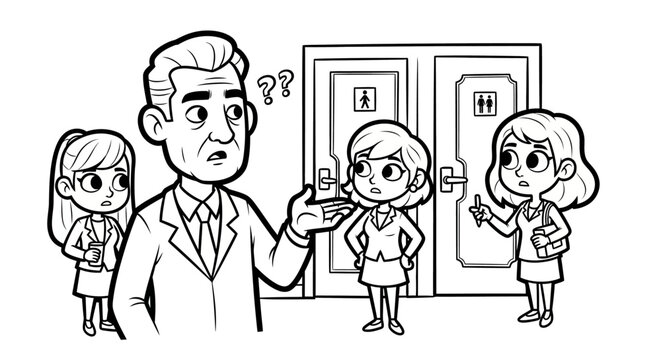 Confused businessman choosing between two doors and children.