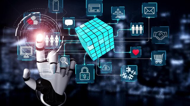 Futuristic Digital Interface with Robotic Hand Interacting with Data Connections and Icons Representing Technology and Communication. Entropy.