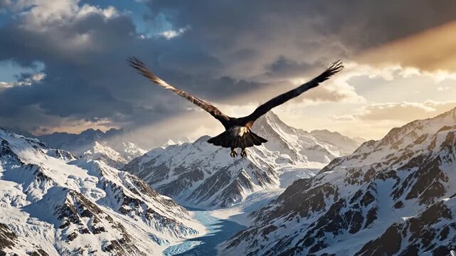 Close up of a golden eagle in flight over rugged snow-covered mountain peaks and a frozen glacier valley during golden hour with dramatic sunlight rays through the clouds.
