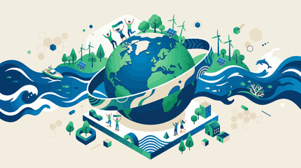Eco-friendly World Illustration: Green Energy, Sustainable Future, Nature, People Celebrating © Rinos