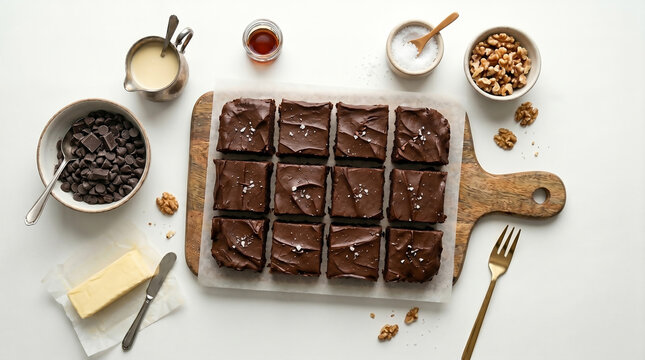 Delicious homemade chocolate brownies with frosting and flaky sea salt, celebrating national fudge day with baking ingredients