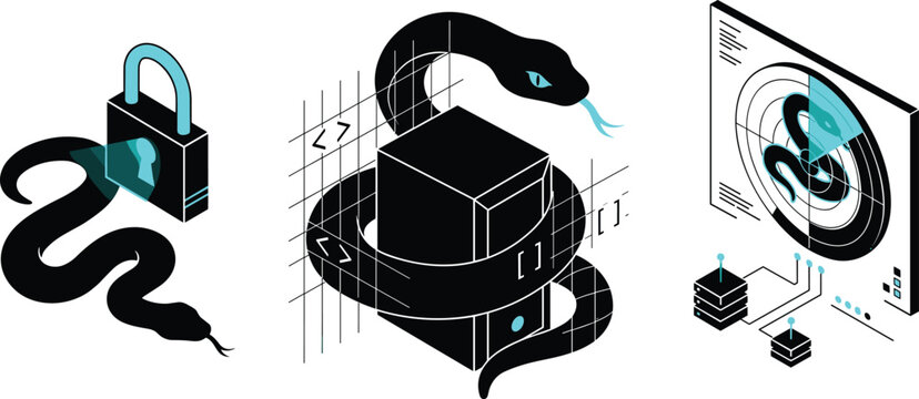 Cyber Security and Python Programming Vulnerability Vector Set with Snake Malware Hacker Threat Server Attack and Data Protection Illustrations