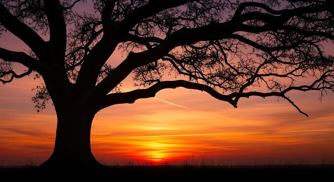 Silhouette of a large oak tree against a vibrant sunset sky