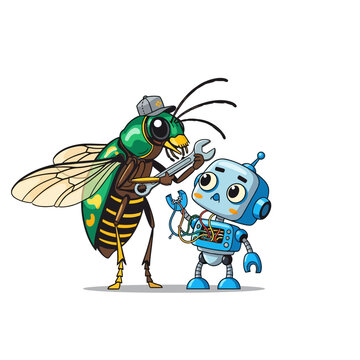 Robot Technician Bee Fixing Tiny Robot with Wrench and Tools