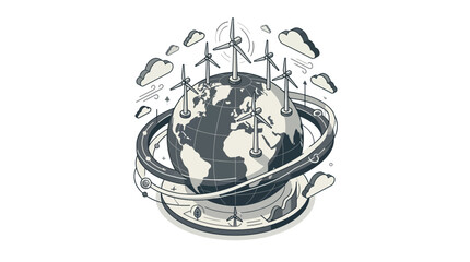 Renewable Energy Global Concept: Wind Turbines Orbiting Earth Globe © Rinos