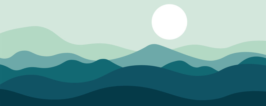 Mountain minimal background vector. Abstract landscape hills with green color, sun, moon. Nature view illustration design for home decor, wallpaper, prints, banner, interior decor.