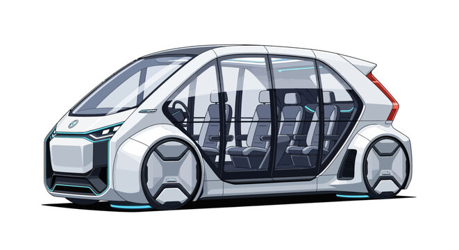 Futuristic autonomous shuttle bus with glass windows and modern design