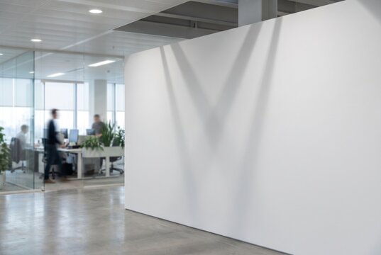 Mockup de parede branca vazia em escrit&oacute;rio corporativo moderno com paredes de vidro e fundo desfocado de pessoas trabalhando
