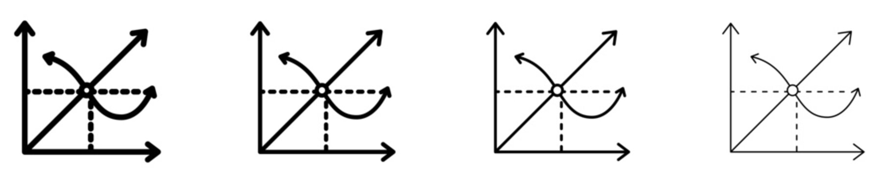 Set of mathematical function graph on coordinate axis icons with different line weights. Data analysis, algebra, or geometry line art. Vector.