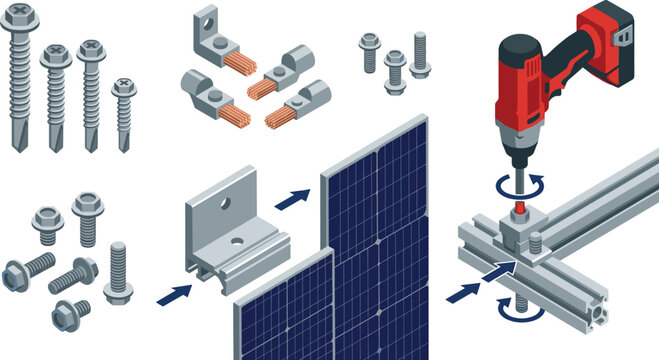 Isometric Solar Panel Mounting Hardware Set with Aluminum Rail Brackets Grounding Clips Screws Bolts Wire Lugs and Electric Drill Installation Steps Vector Illustration