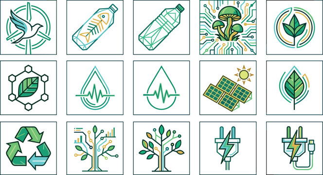 Modern Ecological Sustainability Icon Set with Clean Green Energy Biomimicry Biotechnology Water Pulse Solar Panels Recycling and Smart Grid Concepts Vector Illustration