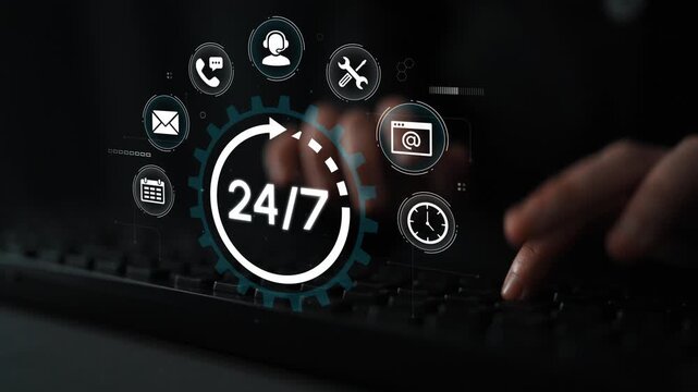 24-7 Customer Support Concept with Digital Icons Representing Communication, Service, and Assistance in a Modern Business Environment. Entropy.