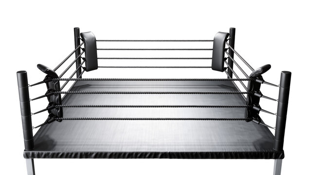 Empty boxing ring with black ropes and padded corners, isolated on transparent background