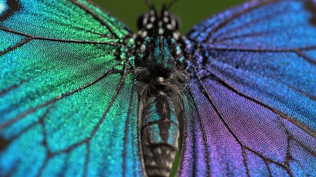 Macro extreme close-up of iridescent butterfly wings showing detailed microscopic scales, black veins, and vibrant gradient transition from emerald green to deep blue and purple.