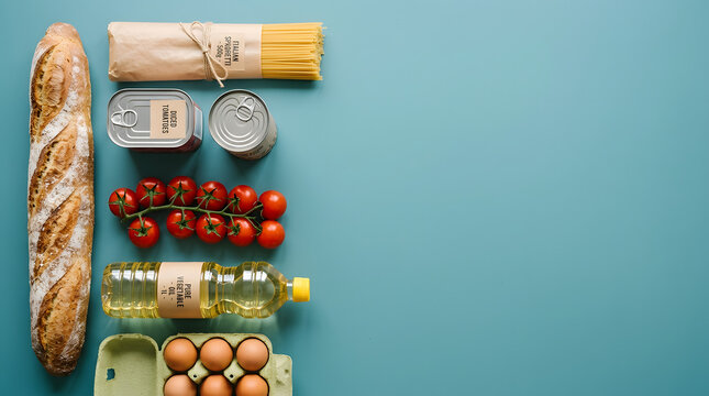 Grocery Essentials: A flat lay of staple food items including a baguette, spaghetti, canned goods, cherry tomatoes, cooking oil, and eggs, neatly arranged on a blue backdrop.
