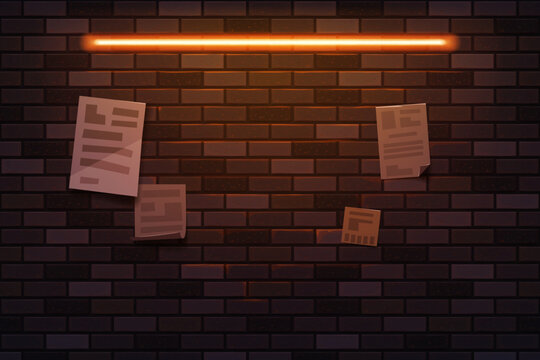 Neon light brick wall with papers ads
