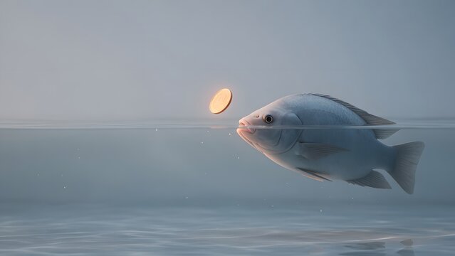 a contemporary Christian final-frame scene showing a calm fish facing a small coin suspended just before its mouth as a serene symbol of trust and divine supply