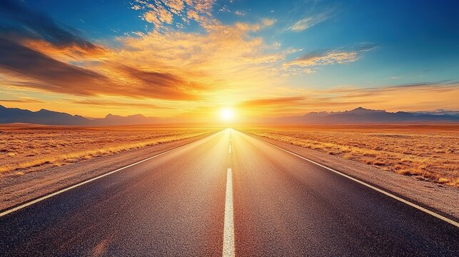 straight asphalt road recedes into the distance towards a bright sunset on the horizon, the road has a solid white line on each shoulder and a dashed white line down its center, emphasizing the sunset